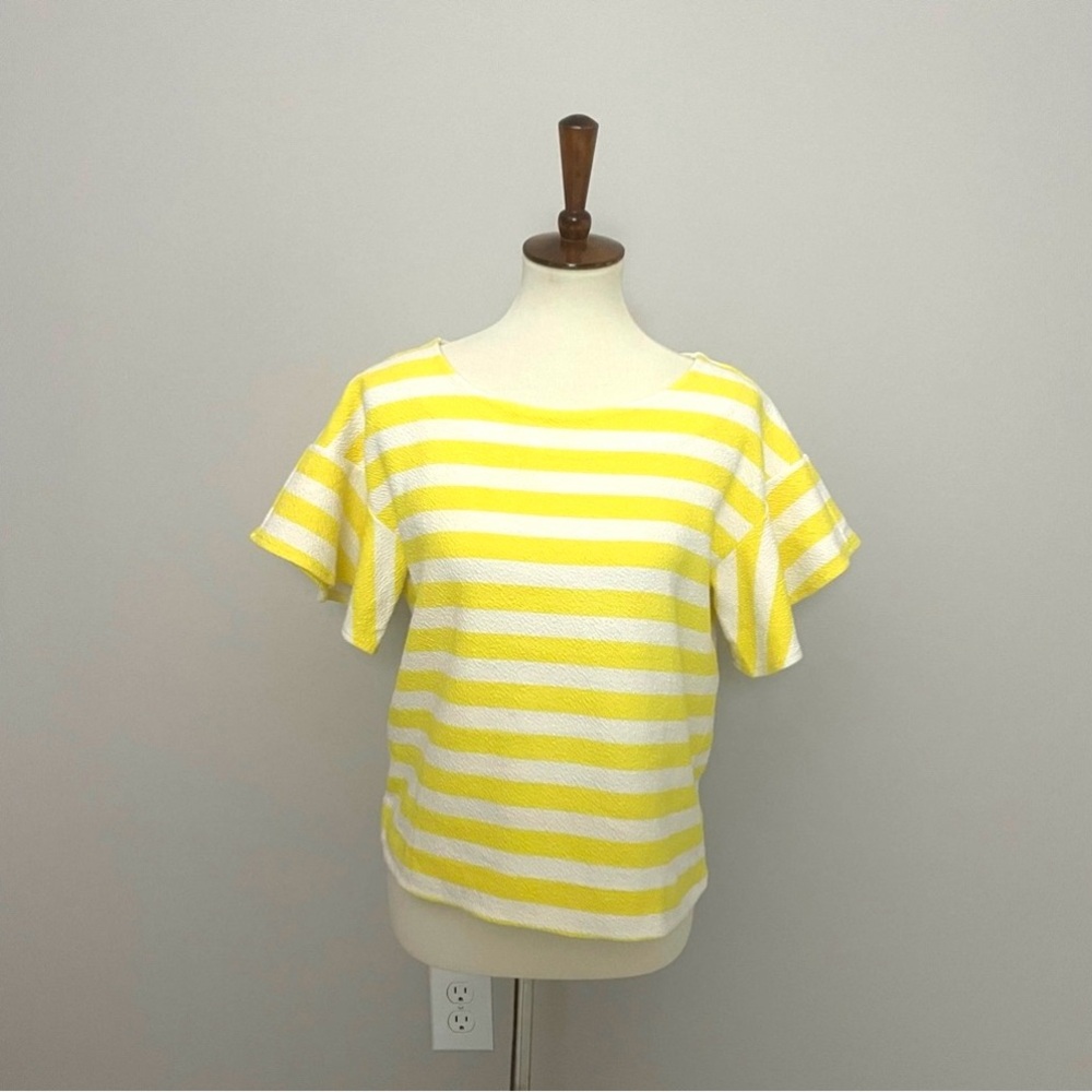 Anthropologie Postmark Top Edie Striped Flutter Round Neck Sleeve Yellow White